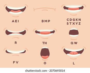 Talking mouth animation. Cartoon talk lip expersions, sync movement, Accent and pronunciation speak, human character mouthes pose smile letter, cartoon set decent vector illustration