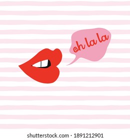 Talking Mouth With Oh Dear French Slang Quote In Speech Bubble On Pink And White Stripes Background. Red Lipstick Makeup Sexy Woman Lips With Funny Message Fashion Vector Illustration