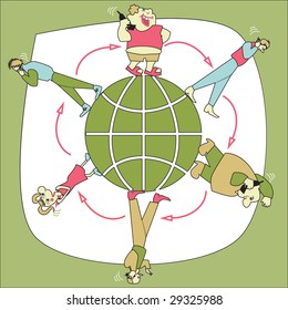 Talking on mobile telephone people, located around stylized globe, symbolizing cellulal communication on whole world