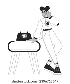 Talking on old fashioned telephone black and white cartoon flat illustration. 80s african american woman phone calling 2D lineart character isolated. Nostalgia monochrome scene vector outline image