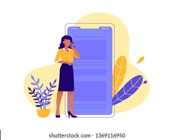 Talking on the phone, chatting. Young woman standing near big smartphone and conducting business negotiations by phone. Isolated flat vector illustration