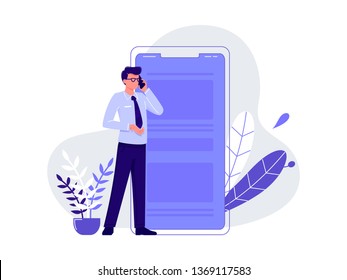 Talking on the phone, chatting. Young man standing near big smartphone and conducting business negotiations by phone. Isolated flat vector illustration