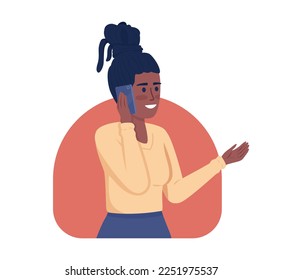 Talking on phone for hours 2D vector isolated illustration. Talkative friendly woman with smartphone flat character on cartoon background. Colorful editable scene for mobile, website, presentation