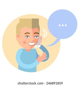 Talking on the phone man.In the flat style.Speech bubble