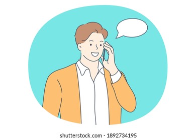 Talking on phone, Online communication on smartphone, chatting concept. Smiling Man with smartphone chatting, searching information in internet, calling, dating or communicating online 