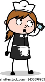 Talking on Phone - Retro Cartoon Waitress Female Chef Vector Illustration