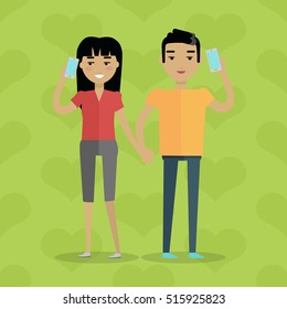 Talking on phone vector concept. Flat design. Telephone addiction. Smiling couple holding hands and talking on mobiles. Conversation and communication with relatives. On green background with hearts