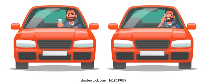 Talking on the phone while driving a vehicle. A man in a car uses a smartphone. The concept of dangerous driving and the risk of an accident. Vector illustration in cartoon style