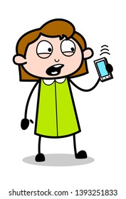 Talking on Wireless - Retro Office Girl Employee Cartoon Vector Illustration﻿