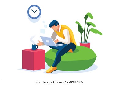 Talking online, concept of working at home. Character sitting at the office looking screen on the desk. Office character working online. Man at home sitting looking for work. Flat Vector Illustration