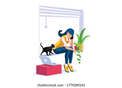 Talking online, concept of working at home. Character sitting at the office looking screen on the desk. Office character working online. Woman at home sitting looking for work Flat Vector Illustration