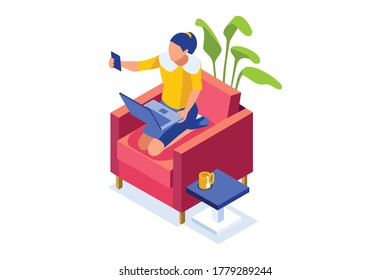 Talking online, concept of working at home. Character sitting at the office looking screen on the desk. Office character working online. Woman at home sitting looking for work Flat Vector Illustration