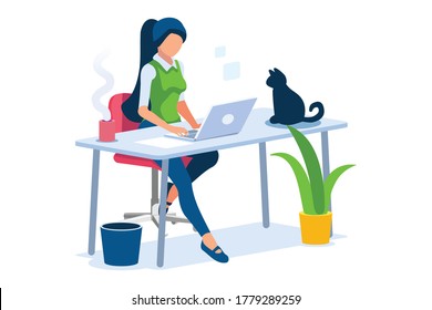 Talking online, concept of working at home. Character sitting at the office looking screen on the desk. Office character working online. Woman at home sitting looking for work Flat Vector Illustration