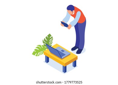 Talking online, concept of working at home. Character sitting at the office looking screen on the desk. Office character working online. Man at home sitting looking for work. Flat Vector Illustration