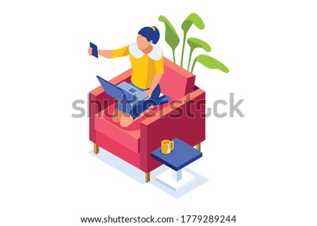 Talking online, concept of working at home. Character sitting at the office looking screen on the desk. Office character working online. Woman at home sitting looking for work Flat Vector Illustration
