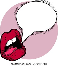 Talking Open Mouth With Bubble Cloud. Sexy Woman Lips Telling Secret Or Shouting Loud. Speach, Storytelling, News For All Ears. Hand Drawn Retro Vintage Vector Illustration. Old Style Drawing.