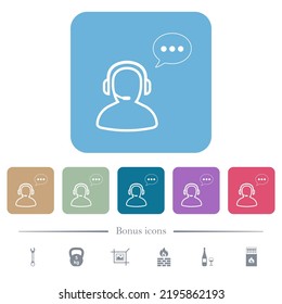 El operador parlante activa contorno iconos planos blancos en fondo cuadrado redondeado de color. 6 iconos de bonificación incluidos