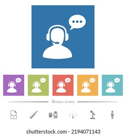 Talking operator active solid flat white icons in square backgrounds. 6 bonus icons included.