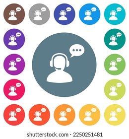Talking operator active solid flat white icons on round color backgrounds. 17 background color variations are included.