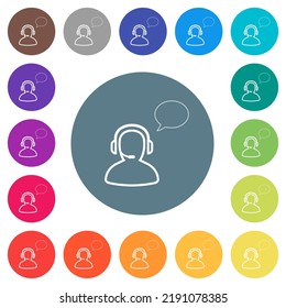Talking operator outline flat white icons on round color backgrounds. 17 background color variations are included.