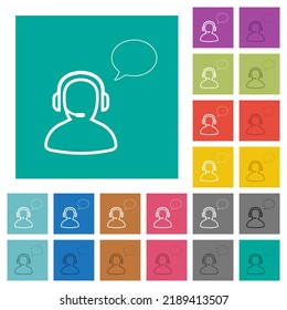 Talking operator outline multi colored flat icons on plain square backgrounds. Included white and darker icon variations for hover or active effects.