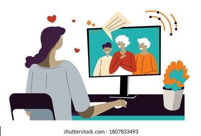 Talking to parents and family members using online technologies and applications. Personage communicating with close people. Happy female using computer gadget for conference vector in flat style