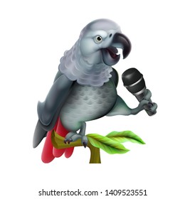 Talking parrot with microphone. Vector realistic. Vector Mesh technique.