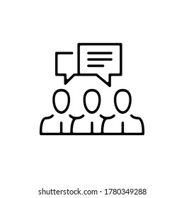 Talking people, chat icon. Thin line design. Outline symbol. Group of people and speech bubble. Conversation, meeting, communication concepts. Vector icon isolated on white background