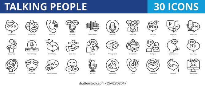 Conjunto de coleta de pacotes de ícones de pessoas que falam para conversação e negociação diárias. Com chat bubble, chat em grupo, chamada de voz, talk show, speech wave, microfone aberto, conversa em equipe, bate-papo ao vivo, chamada de vídeo