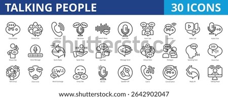 Talking people icon pack collection set for daily conversation and negotiation. With chat bubble, group chat, voice call, talk show, speech wave, open mic, team talk, live chat, video call
