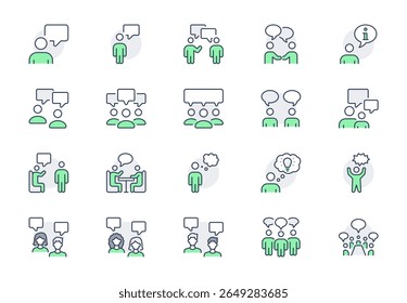 Conjunto de ícones de linha de pessoas que falam. A ilustração vetorial inclui ícone - trabalho em equipe, contrato de negócios, trabalho em equipe, pictograma de esboço de discussão para comunicação da reunião. Cor Verde, Traço Editável.