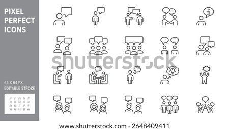 Talking people line icon set. Vector illustration include icon - teamwork, business agreement, teamwork, discussion outline pictogram for meeting communication. 64x64 Pixel Perfect, Editable Stroke.