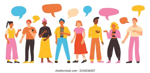 Talking people. Persons communications. Cartoon characters with speech bubbles. Colleagues discuss. Dialog and debate. Various topics conversations. Vector speaking men