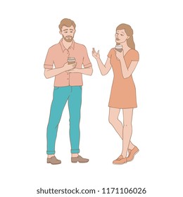 Talking people vector illustration - couple of young man and woman standing with coffee and discussing issues isolated on white background in sketch style. Hand drawn girl sharing thoughts with boy.