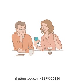 Talking people vector illustration - couple of young girl and boy sitting at table with coffee isolated on white background in sketch style. Girl with mobile phone sharing thoughts with boy.