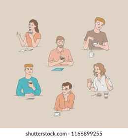 Talking people vector illustration set with hand drawn isolated male and female characters sitting at table speaking and listening. Pleasant conversation concept in sketch style.