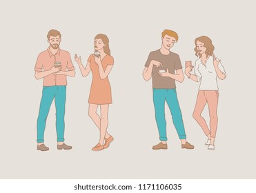 Talking people vector illustration set with hand drawn isolated male and female characters standing with cups of coffee and mobile phones and chatting - pleasant conversation concept.