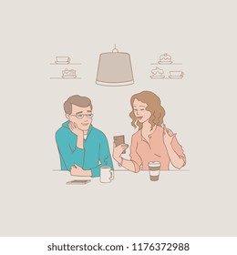 Talking people vector illustration - young girl and boy sitting at table in cafe with coffee and smartphones and sharing thoughts with each other isolated on white background in sketch style.