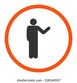 Talking person vector icon. This rounded flat symbol is drawn with orange and gray colors on a white background.