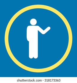 Talking person vector icon. This rounded flat symbol is drawn with yellow and white colors on a blue background.