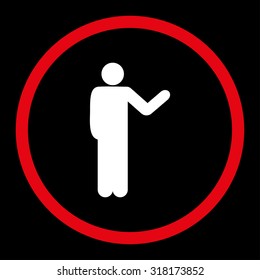 Talking person vector icon. This rounded flat symbol is drawn with red and white colors on a black background.