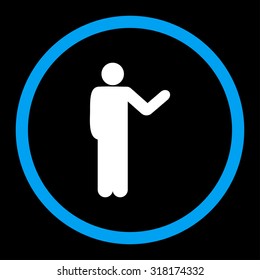 Talking person vector icon. This rounded flat symbol is drawn with blue and white colors on a black background.