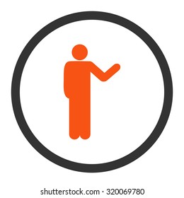 Talking person vector icon. This rounded flat symbol is drawn with orange and gray colors on a white background.