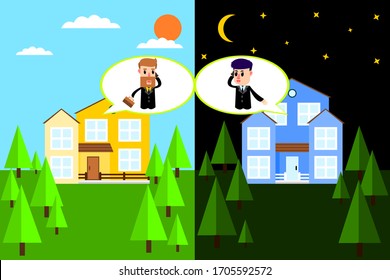 Talking phone instead of meeting. Men working at home. Stay home to prevent the coronavirus(Covid-19). Freelance people in private areas. Working remotely concept. Vector illustration