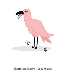 Talking pink bird standing in flowers