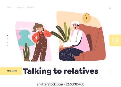 Talking to relatives concept of landing page with small girl speak to grandmother on phone call. Granddaughter calling grandma. Mobile conversation communication. Cartoon flat vector illustration