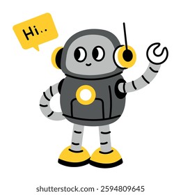 Talking robot character say hi, flat style illustration