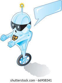A talking robot with hands out, can be holding anything.