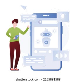 A talking robot inside mobile, flat illustration of virtual assistant 

