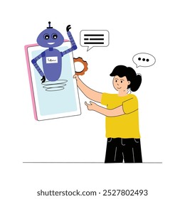 A talking robot with mobile, virtual assistant flat illustration